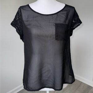 Body Central Black Sheer Lace Sleeve Mesh Blouse Button Back Size Medium‎ Goth